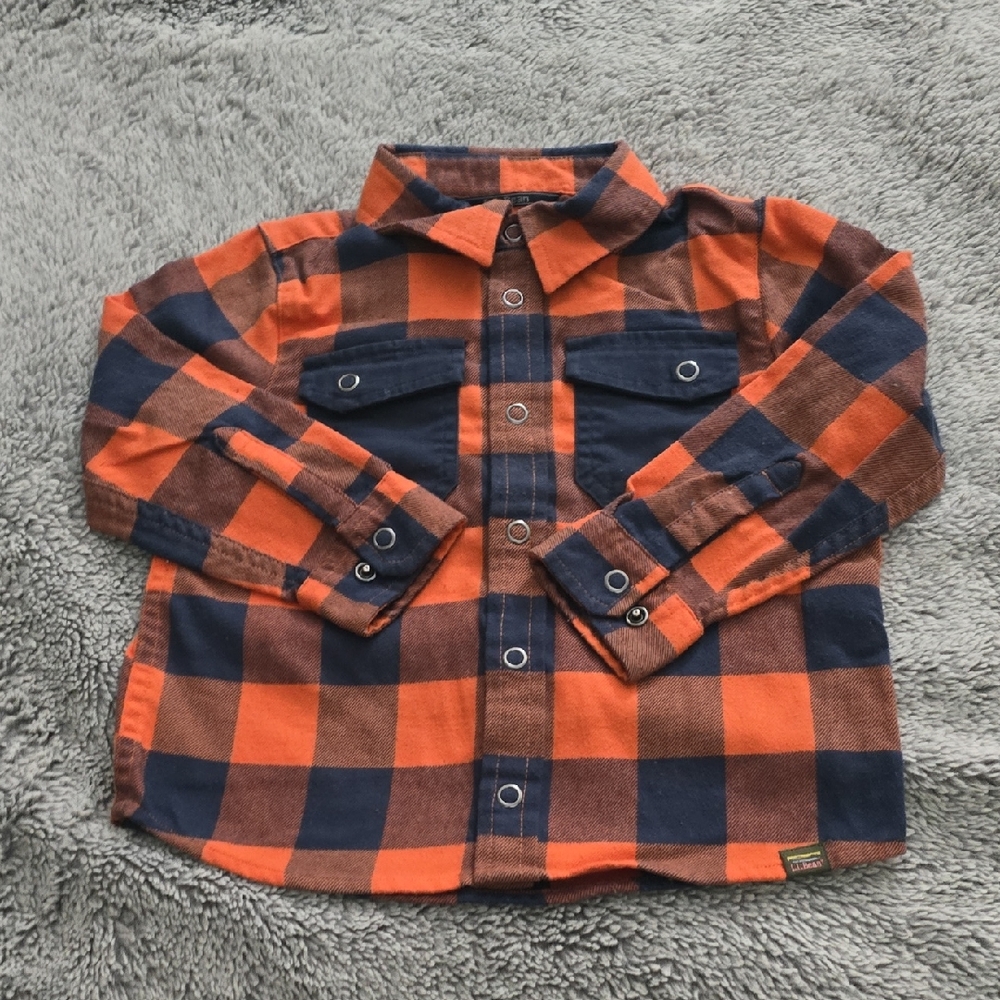L.L. Bean Kids Checkered Button-Down Shirt in Orange and Navy